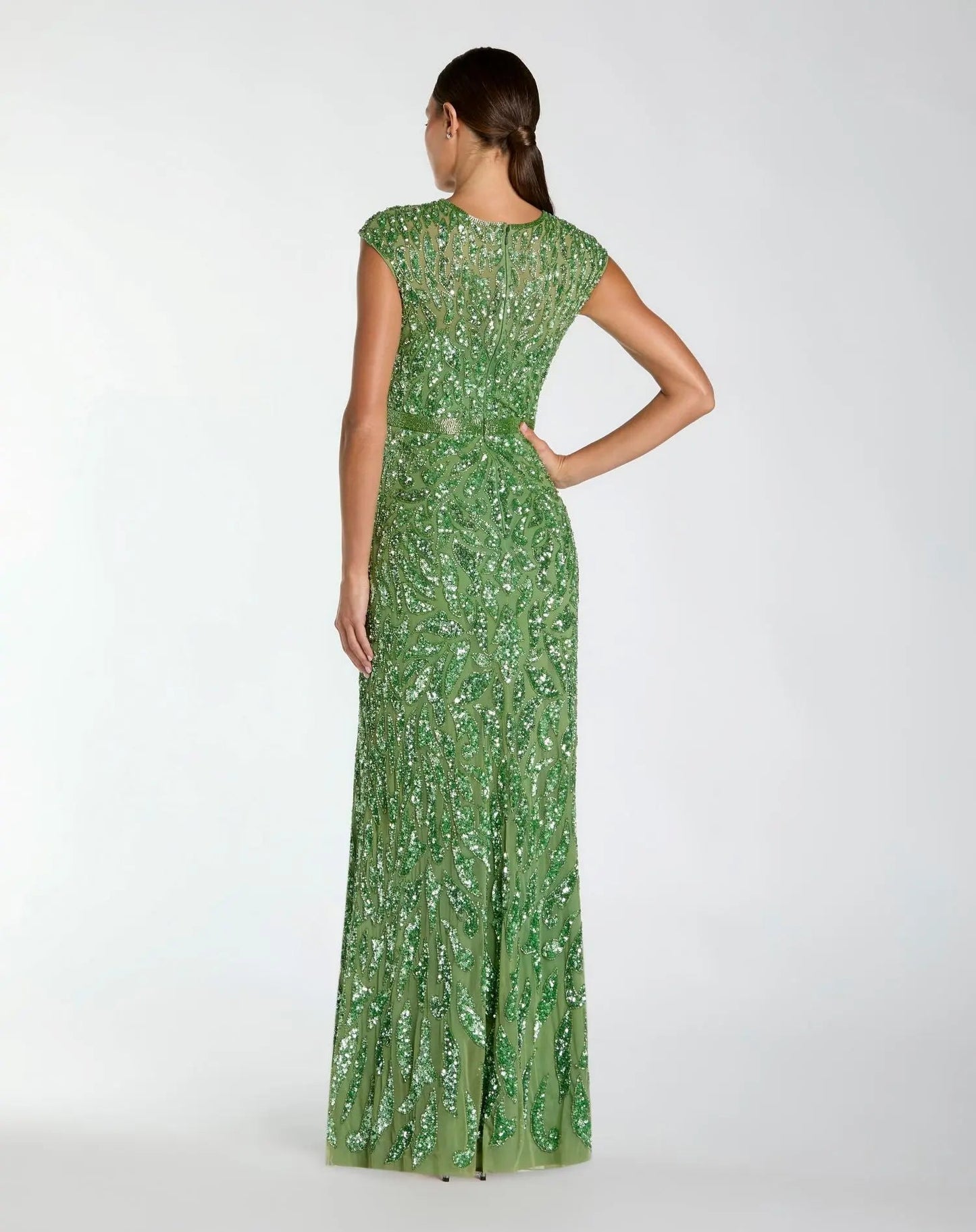 Green Embellished High Neck Cap Sleeve Gown
