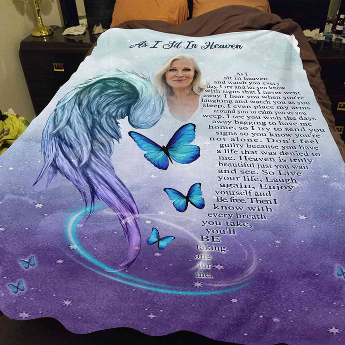 As I Sit In Heaven Memorial Blankets For Loss Of Mother, Personalized Angel Wings Sympathy Blanket