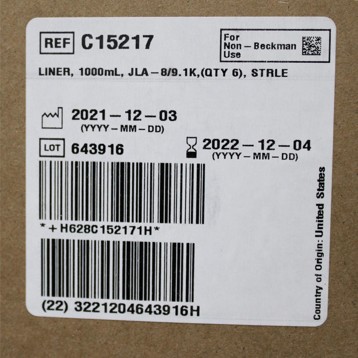 Beckman Coulter C15217 HarvestLine System Liners Sterile w/ Peel Pack 1 L 6PK