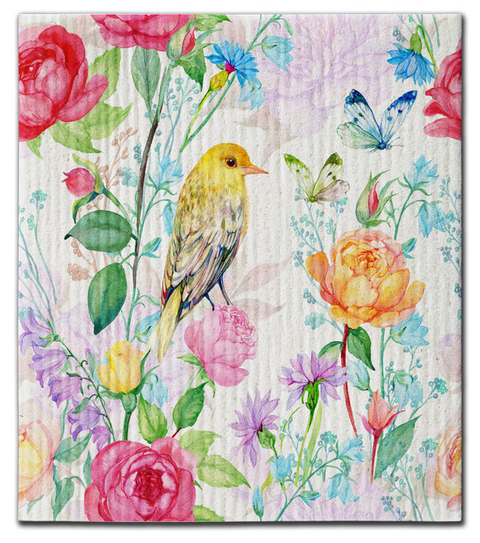 Flowers w/Yellow Bird & 2 Butterfly Swedish Dishcloth