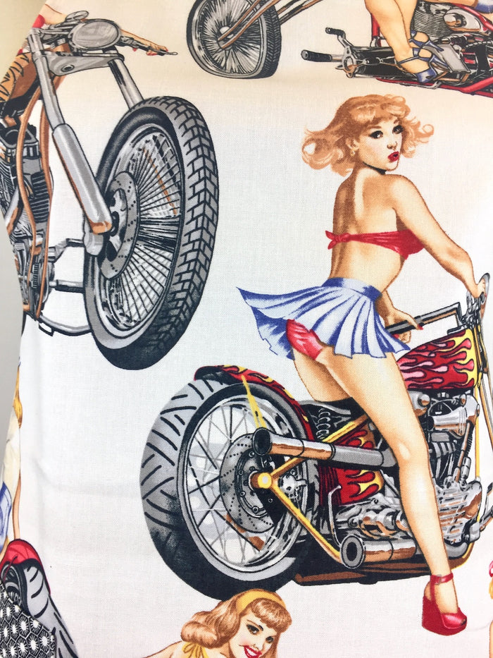Hot Wheels Pin Ups Apron-The Blue Peony-Age Group_Adult,Apron Style_Chef,Department_Kitchen,Material_Cotton,Theme_Hunks,Theme_Transportation