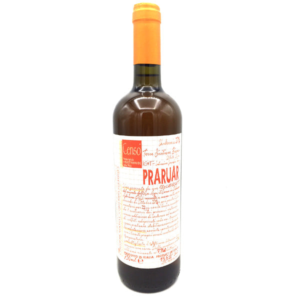Bottle of il Censo Cataratto wine, orange cap, label reading PRARUAR