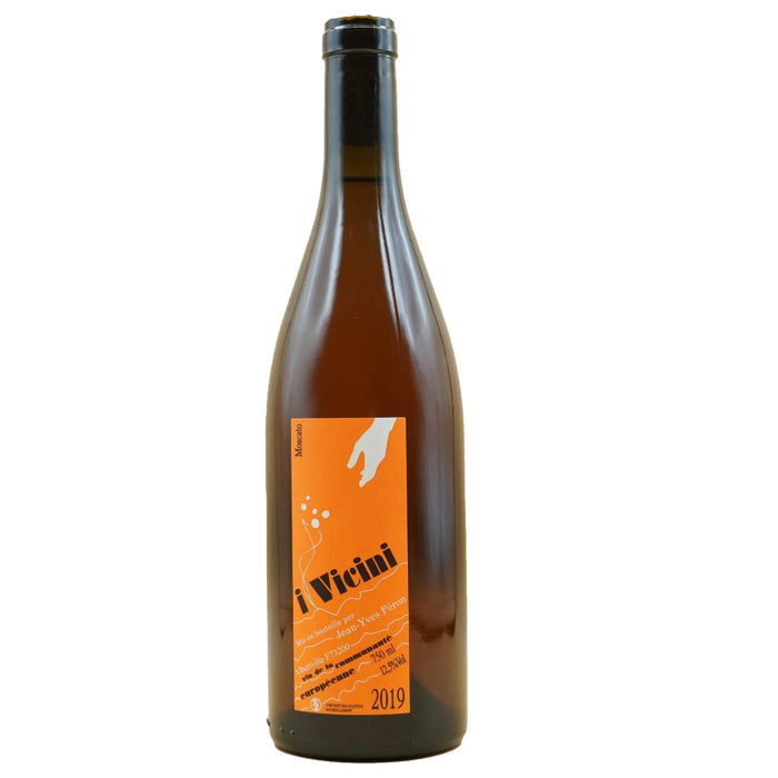 Moscato wine bottle, amber glass with orange label and 2019 marking