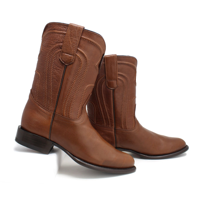 Side view of Los Altos Men’s Belmont Roper Western Boots in Brown showing detailed stitching and leather pull tabs.