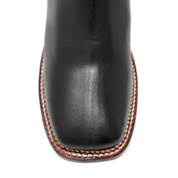 Close-up of wide square toe on Los Altos men's black imitation deer ankle boot