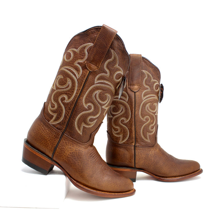 Side view of Los Altos Women’s Round Toe Western Boots in Rage Walnut showing swirl embroidery and stacked heel.