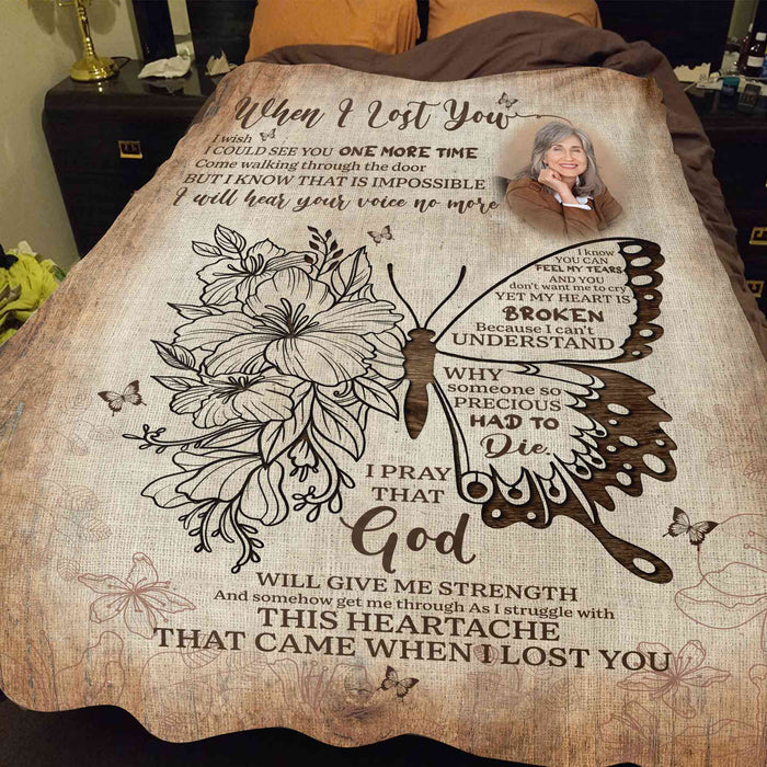 Loss Of Mother Personalized Memorial Blankets, Floral Butterfly Bereavement Poem Custom Photo Blanket