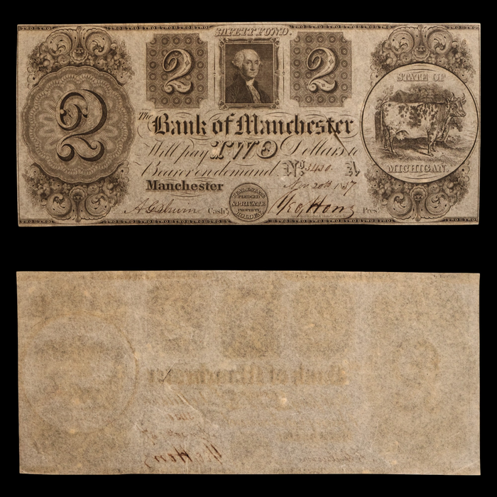 The Bank of Manchester, Two Dollars - November 20th, 1837 - Manchester, Michigan, USA