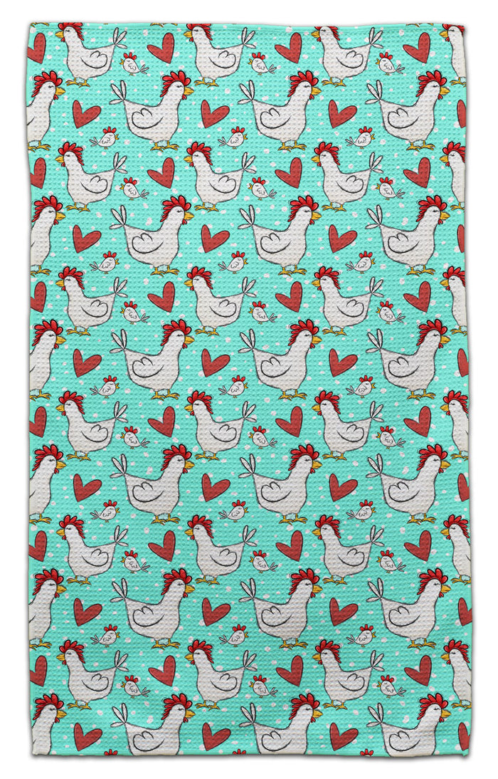 White Chickens & Hearts Waffle Weave Towel - CJ Bella Co.