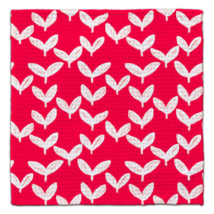 White Leaves on Red Background Waffle Weave Washcloth