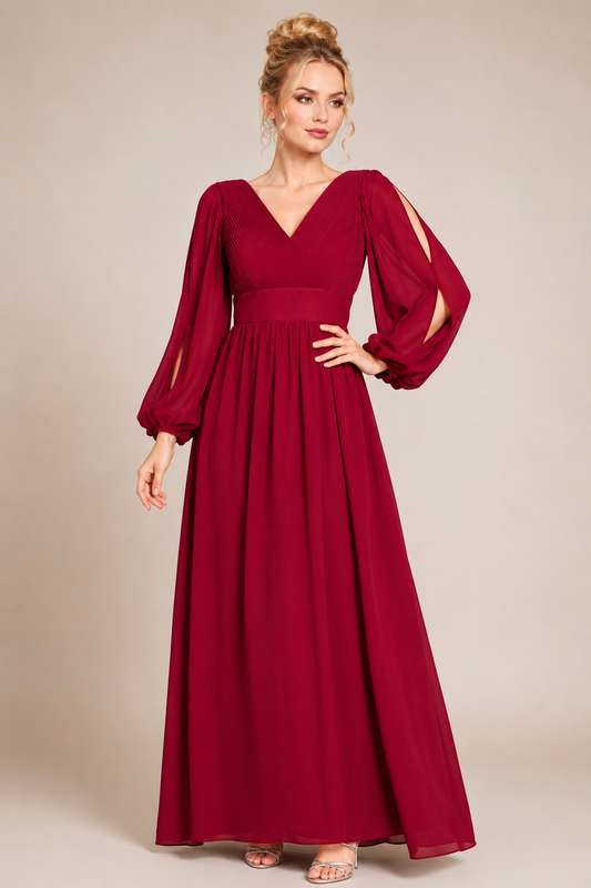 Phoebe Burgundy Bishop Sleeved Evening Dress