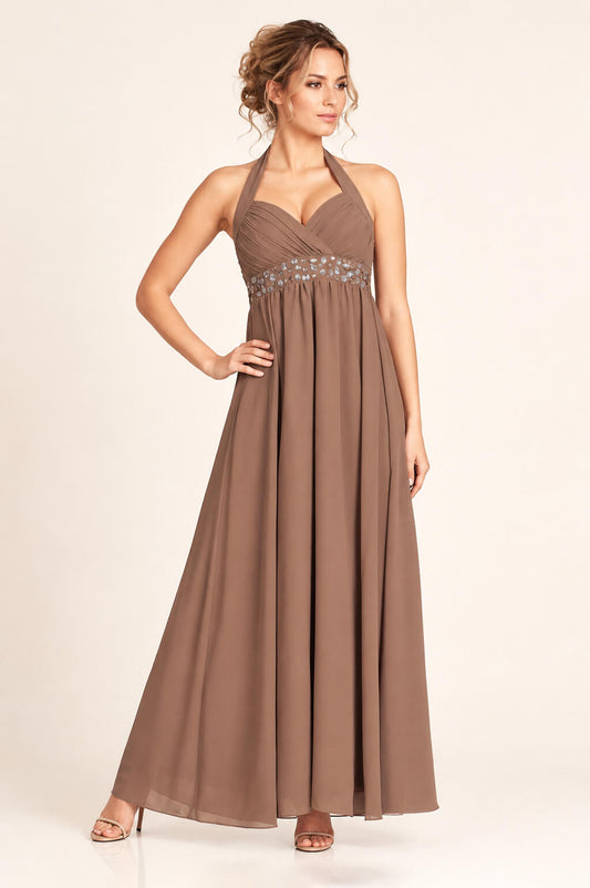 Coraline Brown Embellished Halterneck Evening Dress