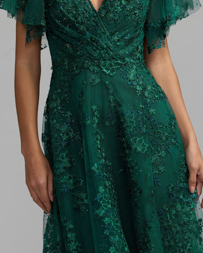 Green Embroidered Flutter Sleeve A Line Dress