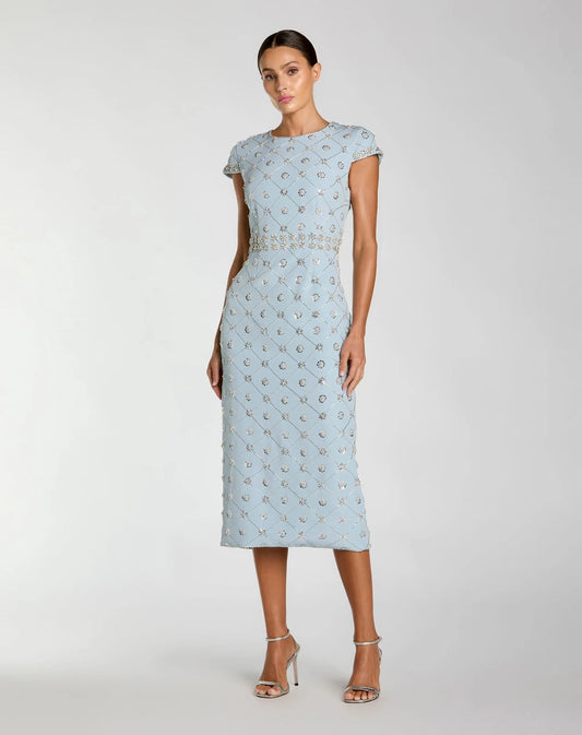 Blue Hand Embellished High Neck Midi Dress