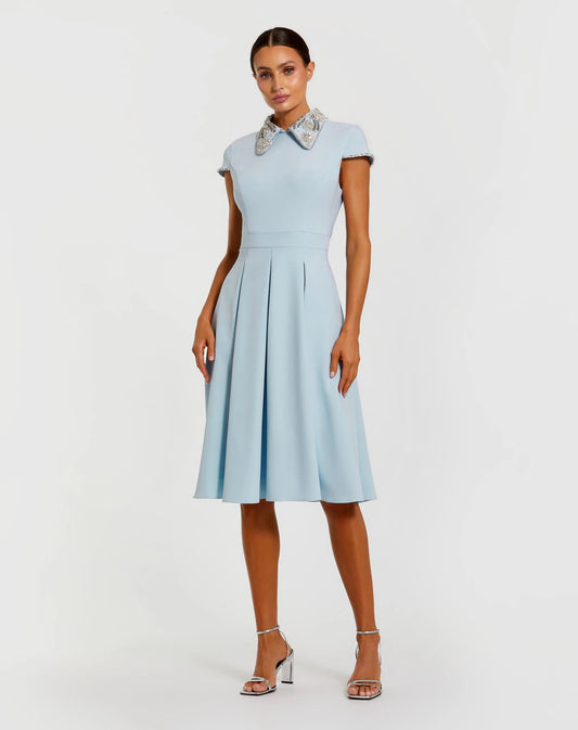 Blue Crepe Short Sleeve Midi Dress With Beading