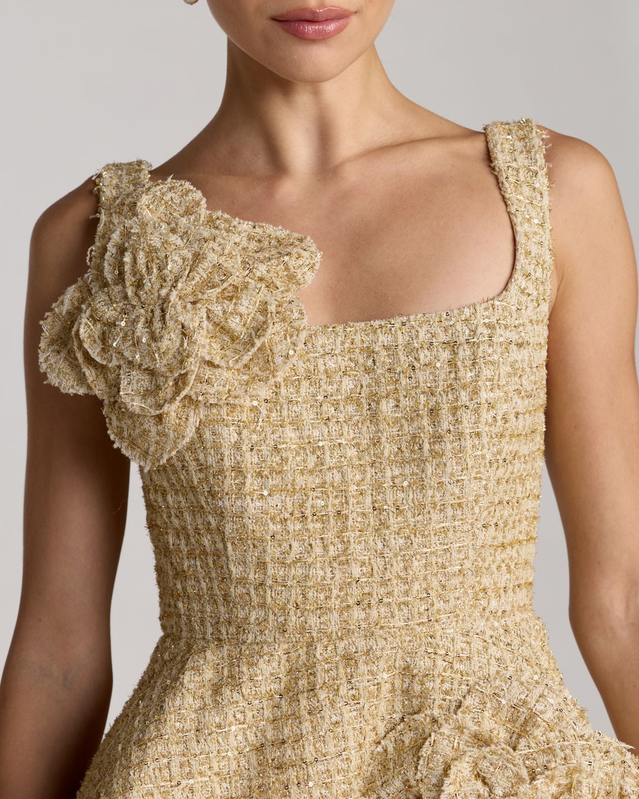 Gold Boucle Floral Applique Mini Dress With Pockets