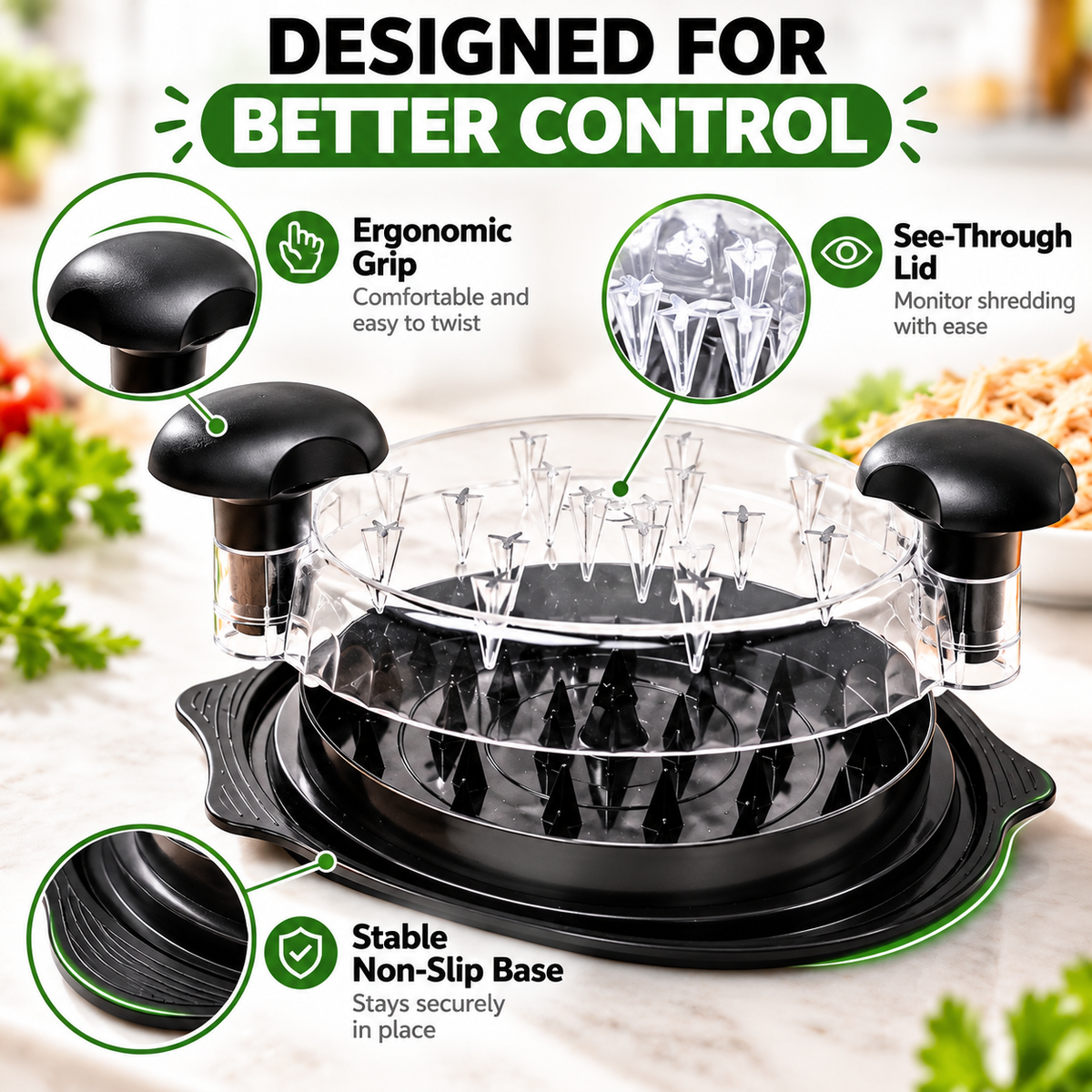 Large Capacity Meat Shredder with Visible Lid – BPA-Free Chicken Shredder Tool, Dishwasher-Safe & Anti-Slip Ergonomic Handle, Black
