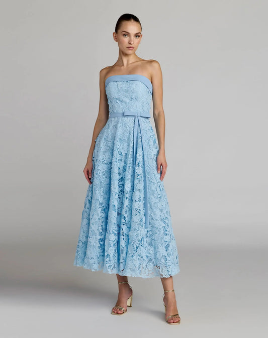 Blue Embroidered Lace Strapless Midi Dress With Bow Detail