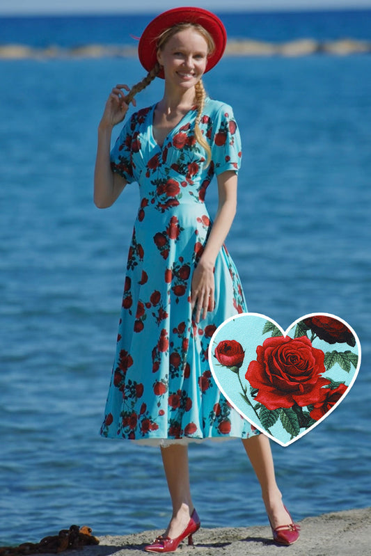 Julia 50s Style Red Rose Sleeved Dress in Blue