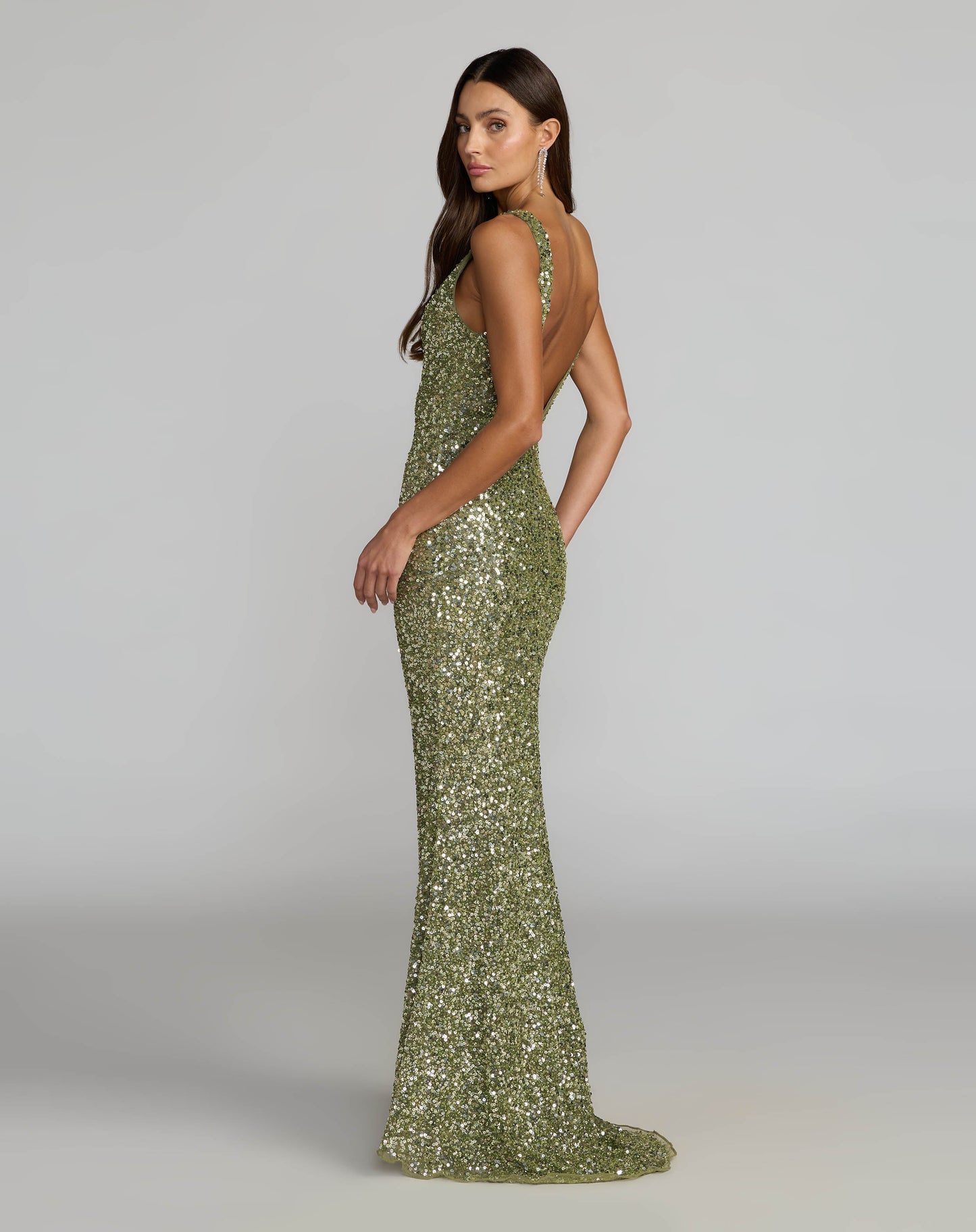 Green Sequin Open Back Column Gown