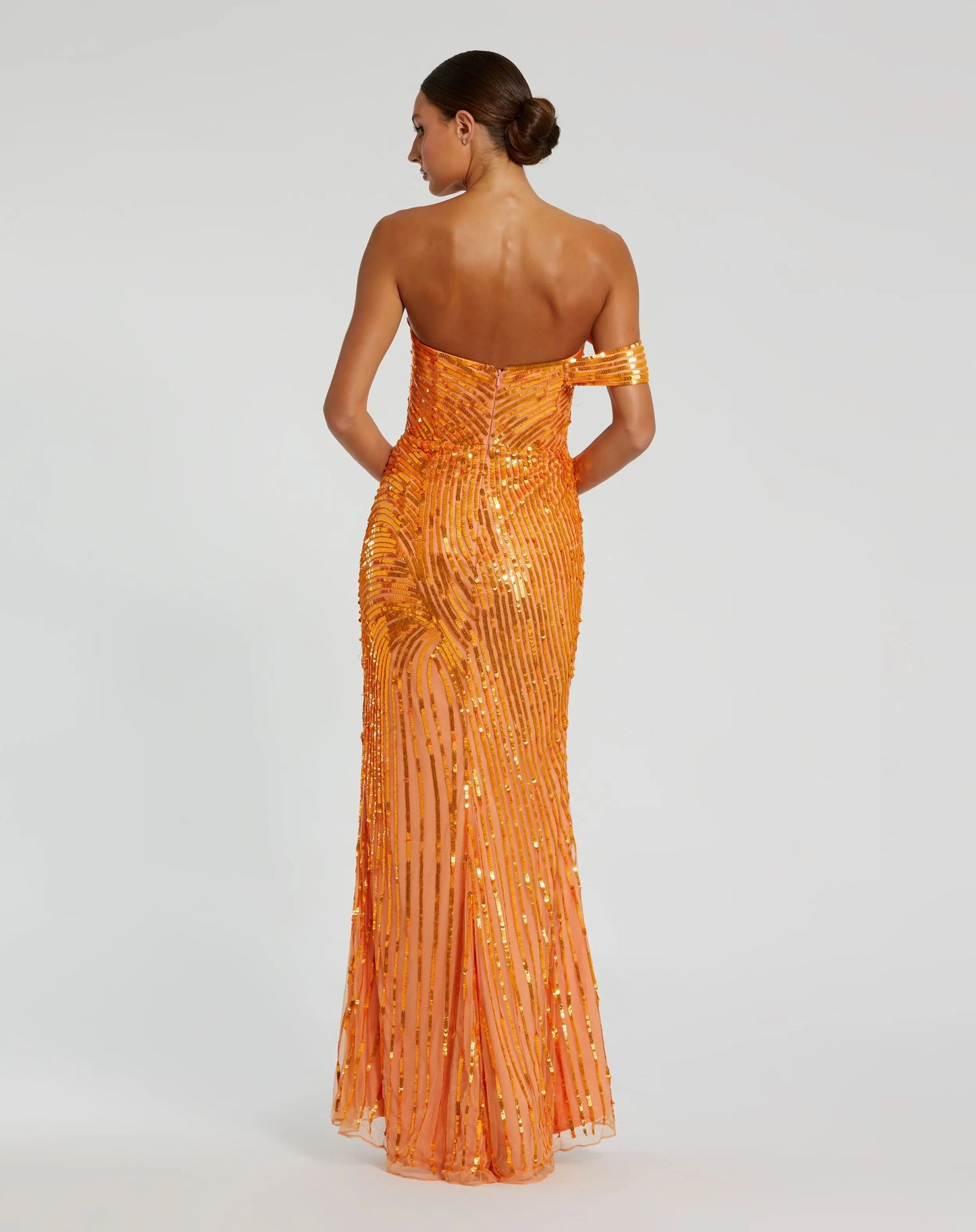 Orange One Shoulder Mesh Sequin Gown With Slit