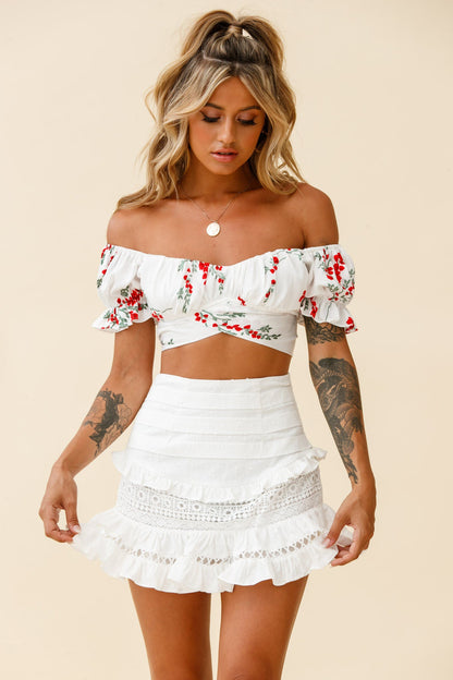 Perfect Timing Pleated Waist Frill Trim Mini Skirt White