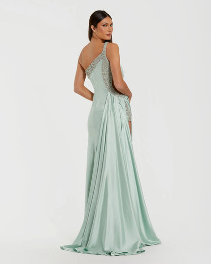 Green Embellished One Shoulder Satin Gown