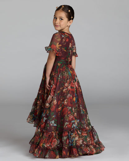 Girls Red Floral Ruffle High-Low Dress