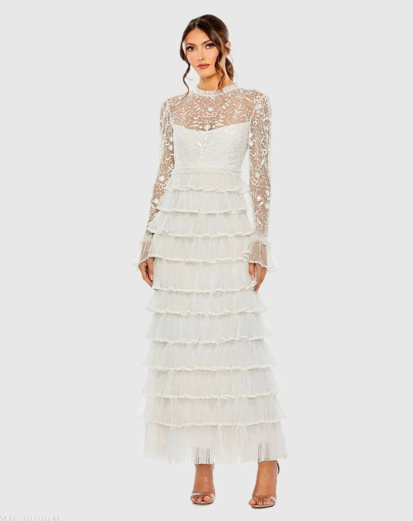 Embroidered Long Sleeve Ruffled Tiered Dress