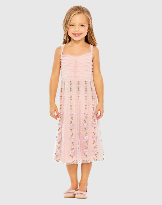 Girls Pink Ruffle Floral Embroidered Detail Midi Dress