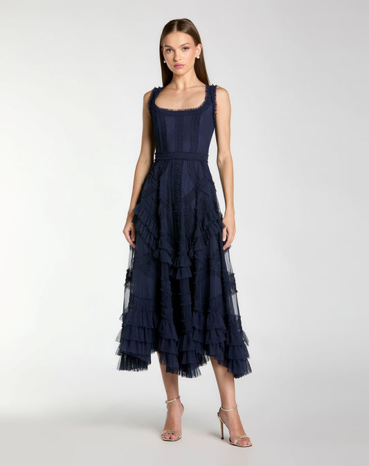 Navy Scoop Neck Sleeveless Micro Ruffle Midi Dress