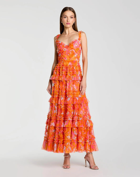 Orange Sleeveless Floral Ruffle A-Line Maxi Dress