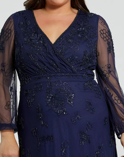 Navy Puff Sleeve V-Neck Tiered Embellished Gown (Plus)