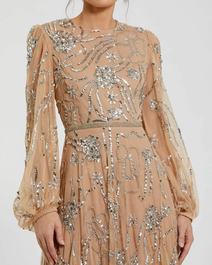 Beige Embellished High Neck Puff Sleeve Gown