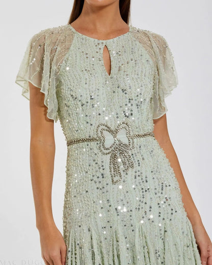 Green Embellished Bow Flutter Sleeve A Line Midi Dress