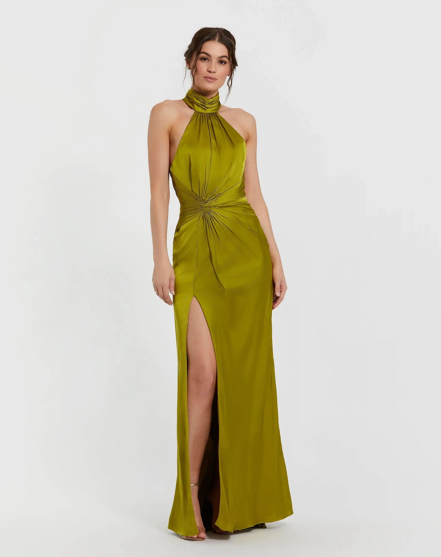Open Back High Neck Side Ruched Gown