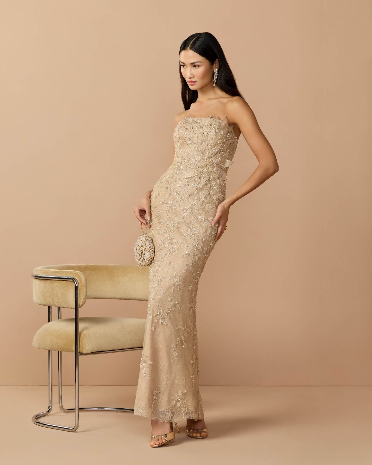 Petite Beige Strapless Embellished Lace Gown with 3D Flower