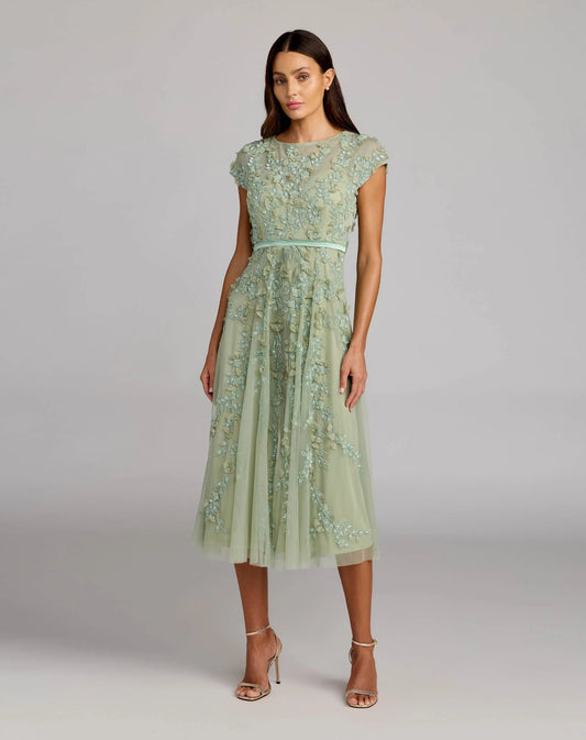 Petite Green Floral Embellished Cap Sleeve Midi Dress