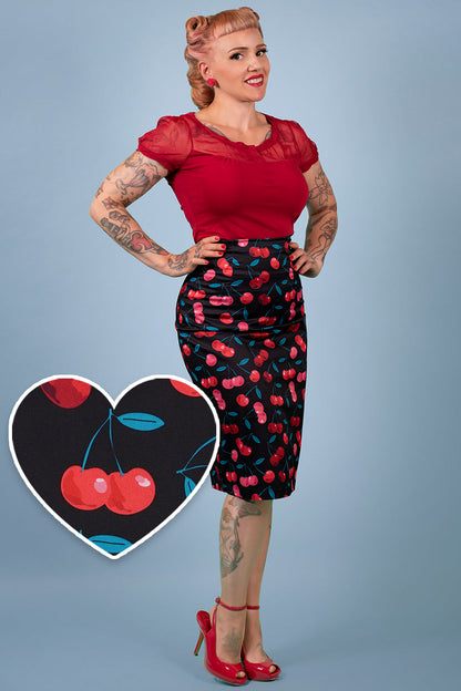 Falda Black & Red Cherry Pencil Skirt