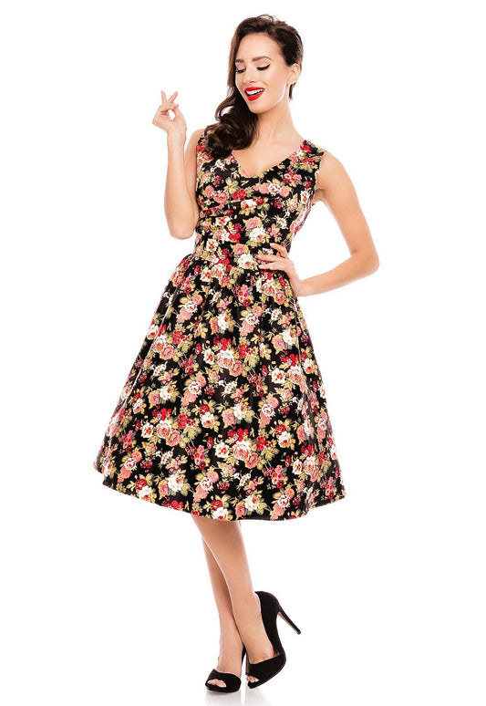 May V-neck 50s Style Floral Dress in Black-Pink