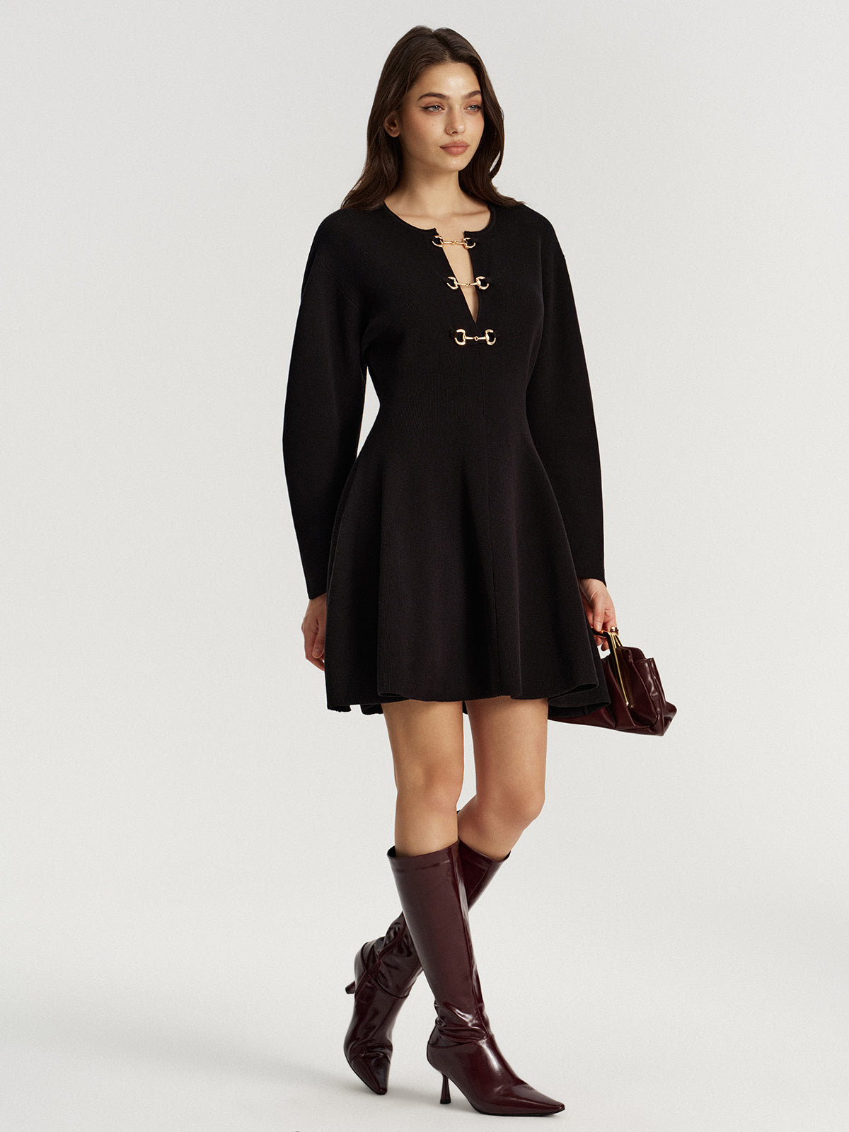 Horsebit Detail Knit Flared Dress