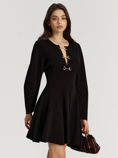 Horsebit Detail Knit Flared Dress