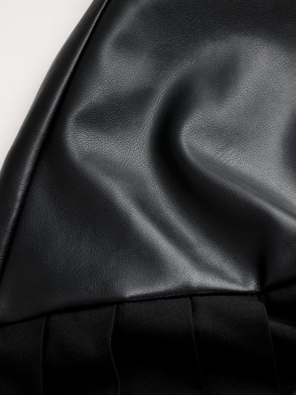 Buckle Detail Faux Leather Panel Pleated Midi Skirt