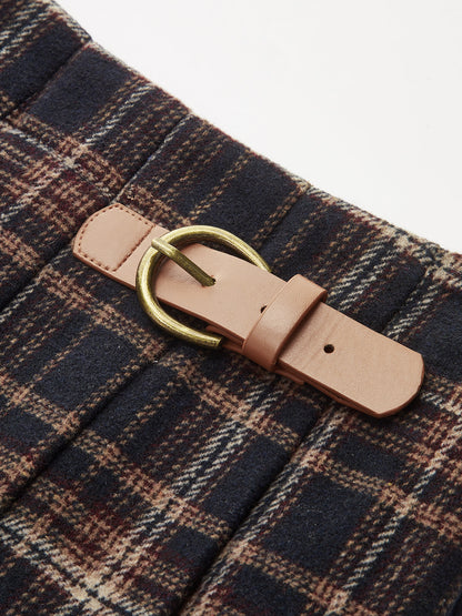 Buckle Detail Plaid Pleated Mini Skirt