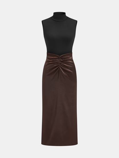 Mock Neck Top and Ruched Satin Skirt Set