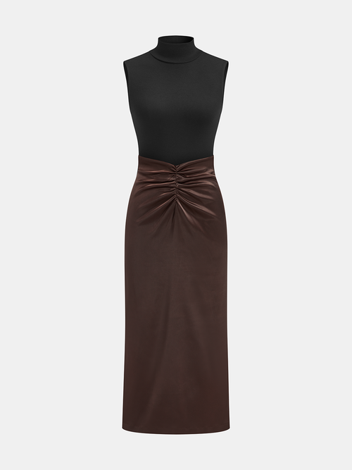 Mock Neck Top and Ruched Satin Skirt Set