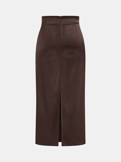 Mock Neck Top and Ruched Satin Skirt Set