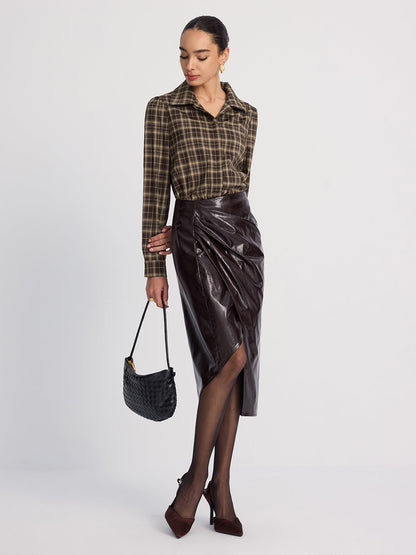 Collared Puff-Sleeve Plaid Bodysuit