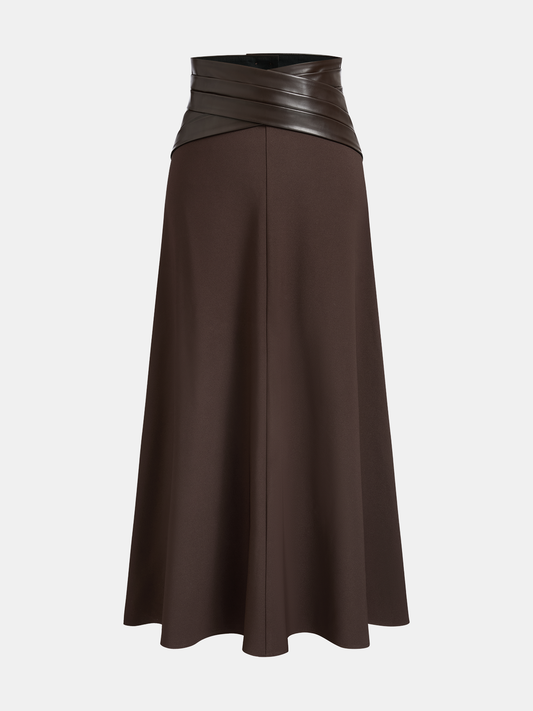Crossed Faux Leather Waist A-Line Skirt