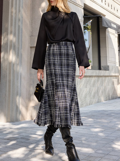 Tweed Plaid Fringe Midi Skirt